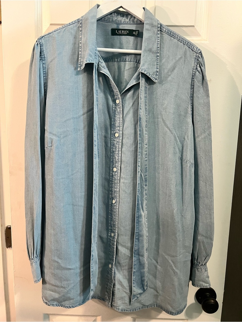 Lauren Ralph Lauren Light Blue Denim Button-Down Shirt with Tie Detail